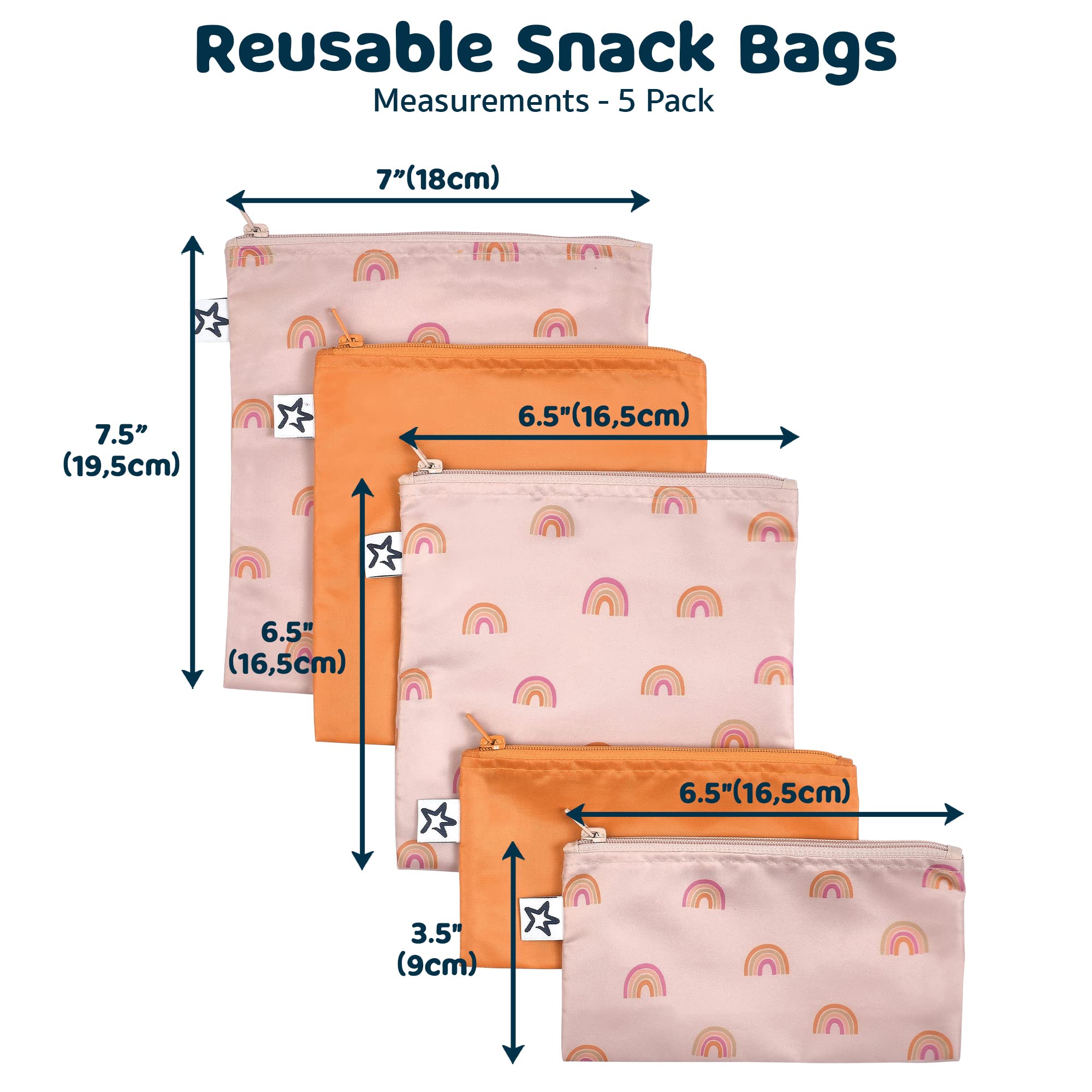 Tiny Twinkle 5 Pack Reusable Snack Bags - Machine Washable, PFAS, PVC, BPA, Phthalate-Free Reusable Baby and Toddler Food Safe Snack Bags (Boho Rainbow)