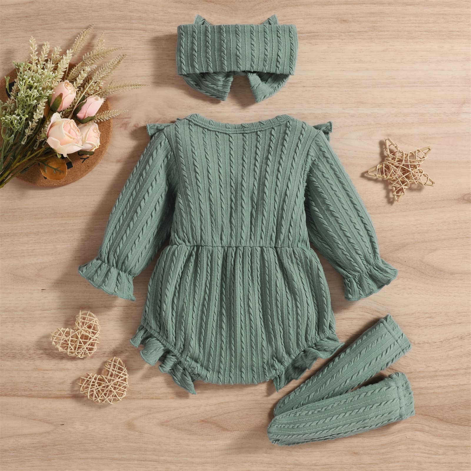 GRNSHTS Newborn Baby Girl Clothes Ruffle Solid Sweater Romper Long Sleeve Button Bodysuit+Hairband+Socks 3Pcs Fall Winter Outfits(Green,0-3 Months)