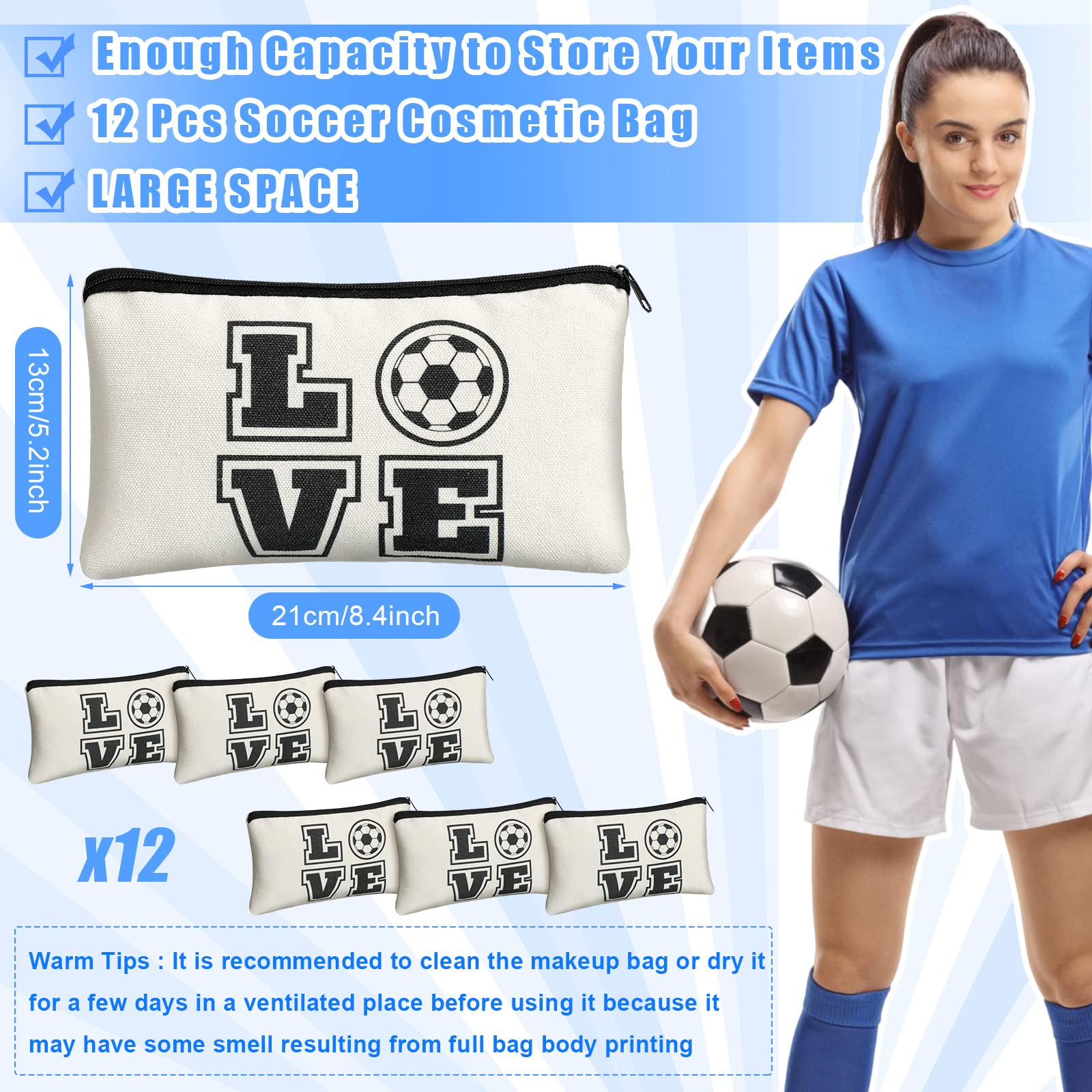 12 Pieces Soccer Makeup Bag Cosmetic Bag with Words Soccer Travel Storage Bags Portable Storage Case Toiletry Bag Accessories with Zippers for Soccer Players Teams Women Girls (White Soccer Style)