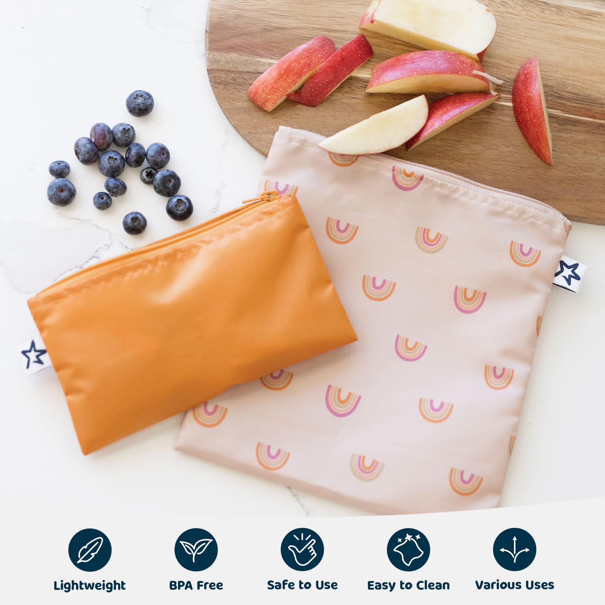 Tiny Twinkle 5 Pack Reusable Snack Bags - Machine Washable, PFAS, PVC, BPA, Phthalate-Free Reusable Baby and Toddler Food Safe Snack Bags (Boho Rainbow)