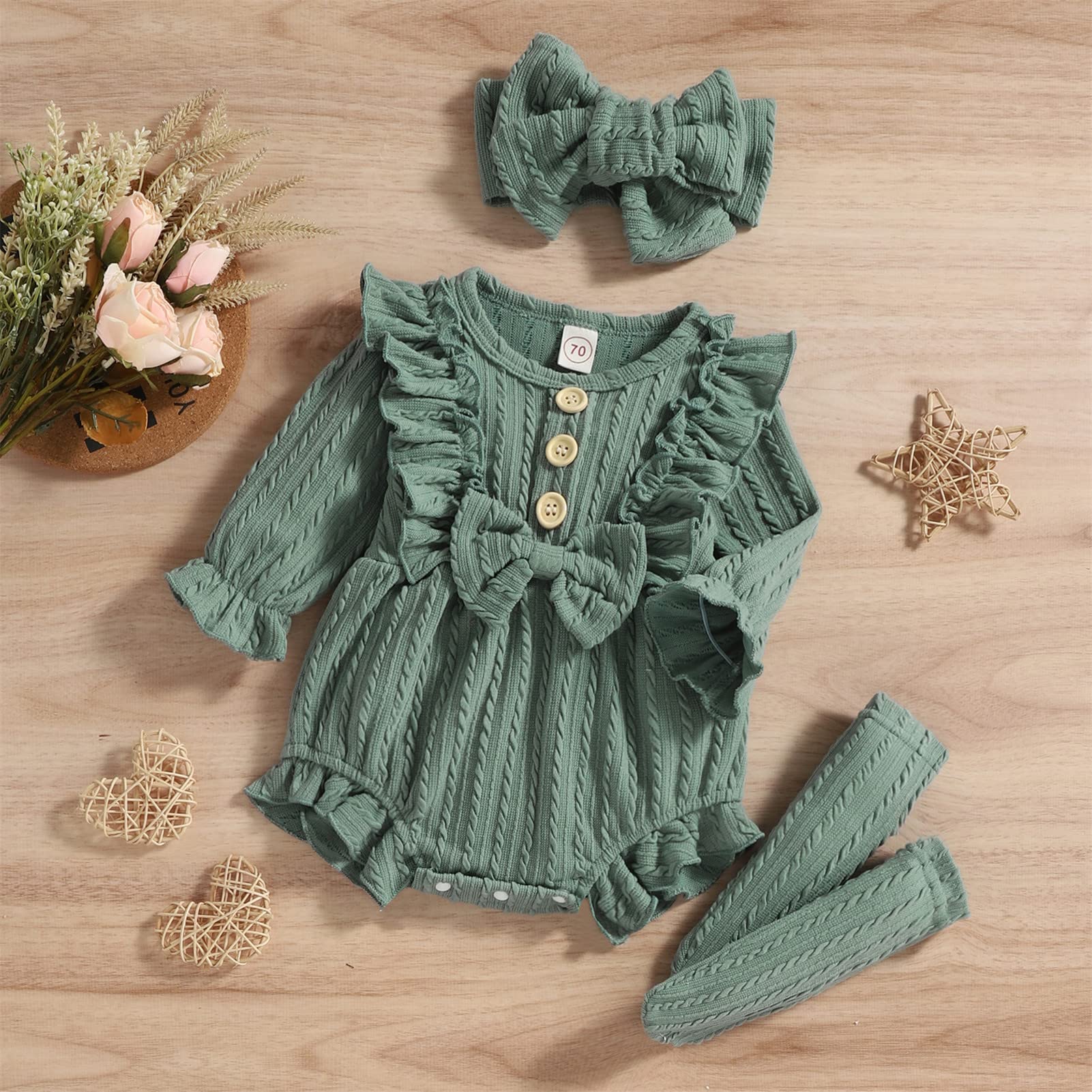 GRNSHTS Newborn Baby Girl Clothes Ruffle Solid Sweater Romper Long Sleeve Button Bodysuit+Hairband+Socks 3Pcs Fall Winter Outfits(Green,0-3 Months)