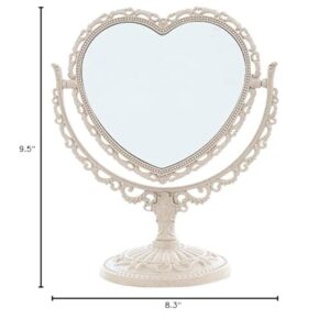 JDPEYI-Heart Shaped Mirror - Coquette Room Decor for Desk & Vanity -Double-Sided Rotatable Cute Magnifying Mirror with Stand (Beige)