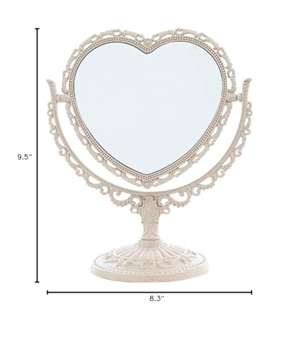 JDPEYI-Heart Shaped Mirror - Coquette Room Decor for Desk & Vanity -Double-Sided Rotatable Cute Magnifying Mirror with Stand (Beige)