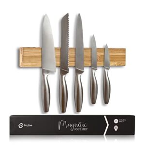 b-line shop magnetic knife holder for wall- strong magnet for knives- 16 inch wooden knife strip- elegant bamboo wood kitchen knife magnetic holder- easy to install, heavy duty magnet for 6 knives