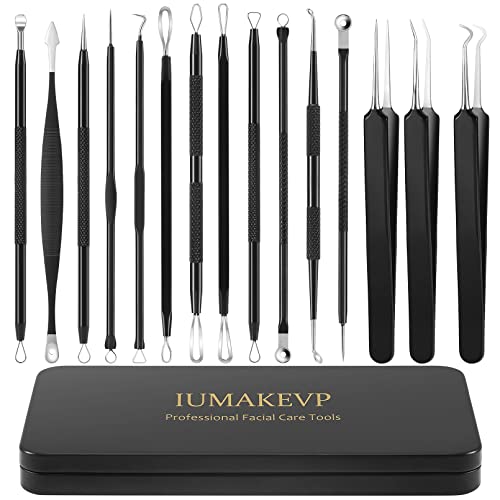 Pimple Popper Tool Kit, IUMAKEVP 15 PCS Professional Stainless Steel Blackhead Remover Comedone Extractor Tools for Removing Pimples, Blackheads, Zit on Face - Acne Removal Kit with Metal Case (Black)