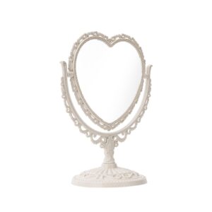 JDPEYI-Heart Shaped Mirror - Coquette Room Decor for Desk & Vanity -Double-Sided Rotatable Cute Magnifying Mirror with Stand (Beige)