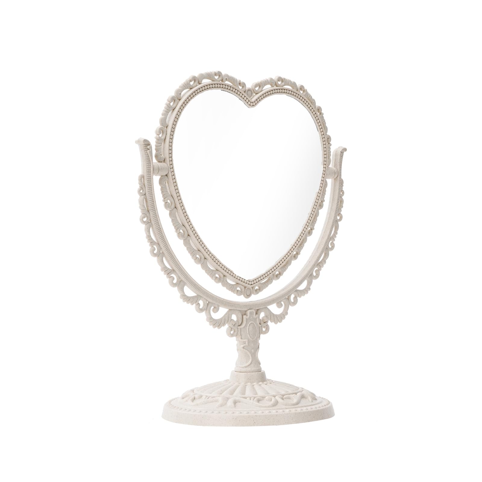 JDPEYI-Heart Shaped Mirror - Coquette Room Decor for Desk & Vanity -Double-Sided Rotatable Cute Magnifying Mirror with Stand (Beige)