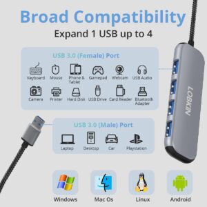 USB 3.0 Hub,LOBKIN 4-Port USB Hub with 2ft Long Cable,Multi USB Port Expander,USB Splitter for Laptop, Compatible with Windows PC, Mac, Printer, Mobile HDD