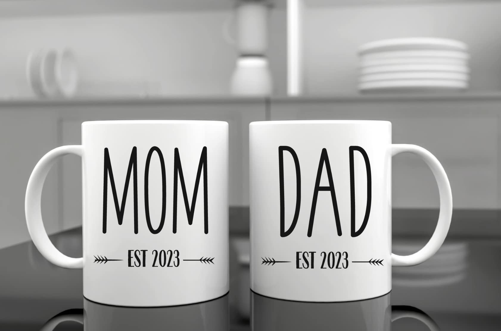 Pregnancy Gift Est 2023 - New Mom and Dad Est 2023 11 oz Mug Set with "Let The Adventure Begin" Romper (0-3 Months) - Top Mom and Dad Gift Set for New and Expecting Parents to Be - Baby Shower