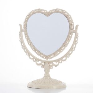 JDPEYI-Heart Shaped Mirror - Coquette Room Decor for Desk & Vanity -Double-Sided Rotatable Cute Magnifying Mirror with Stand (Beige)