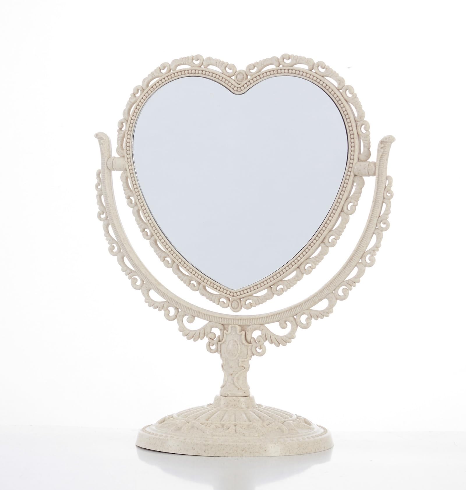 JDPEYI-Heart Shaped Mirror - Coquette Room Decor for Desk & Vanity -Double-Sided Rotatable Cute Magnifying Mirror with Stand (Beige)