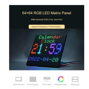 waveshare 64×64 Pixels RGB Full-Color LED Matrix Panel Display 3mm Pitch LED Module Compatible with Arduino,4096 Individual RGB LEDs,Adjustable Brightness