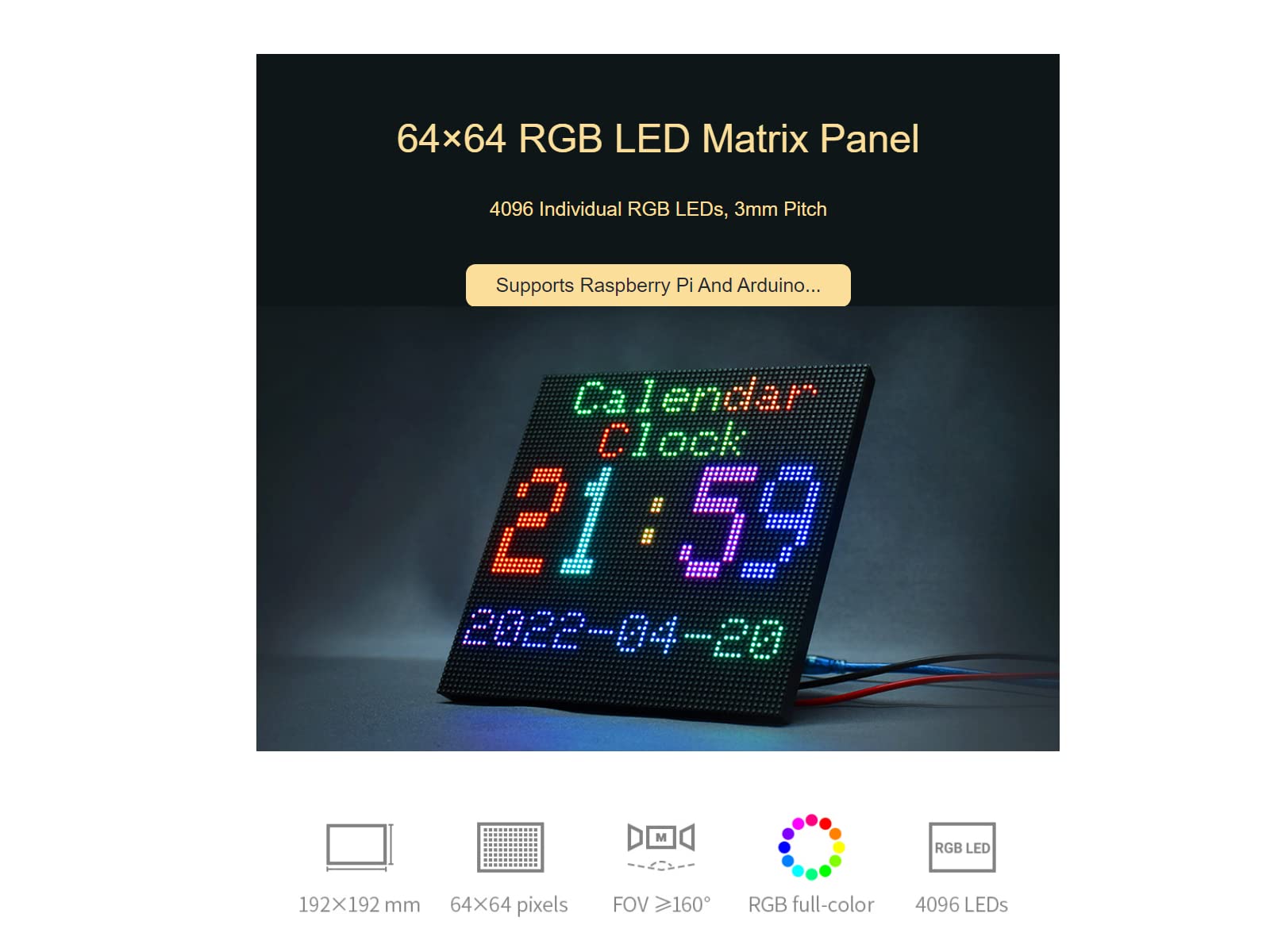 waveshare 64×64 Pixels RGB Full-Color LED Matrix Panel Display 3mm Pitch LED Module Compatible with Arduino,4096 Individual RGB LEDs,Adjustable Brightness