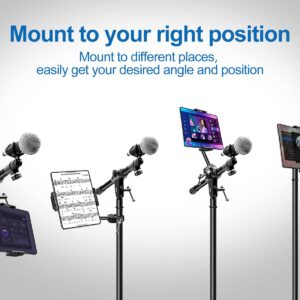 elitehood Newest Aluminum iPad Holder for Mic Stand, Side Mount iPad Music Stand Holder for Microphone, 360° Swivel Tilt Adjustable Mic Stand Tablet Holder for iPad, iPhone and More 4-13in Tablet