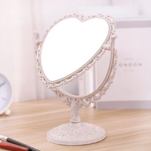 JDPEYI-Heart Shaped Mirror - Coquette Room Decor for Desk & Vanity -Double-Sided Rotatable Cute Magnifying Mirror with Stand (Beige)