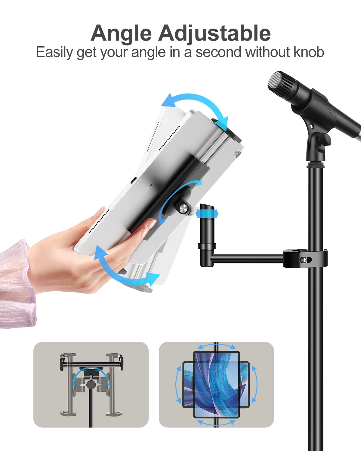 elitehood Newest Aluminum iPad Holder for Mic Stand, Side Mount iPad Music Stand Holder for Microphone, 360° Swivel Tilt Adjustable Mic Stand Tablet Holder for iPad, iPhone and More 4-13in Tablet