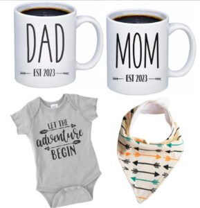 pregnancy gift est 2023 - new mom and dad est 2023 11 oz mug set with "let the adventure begin" romper (0-3 months) - top mom and dad gift set for new and expecting parents to be - baby shower