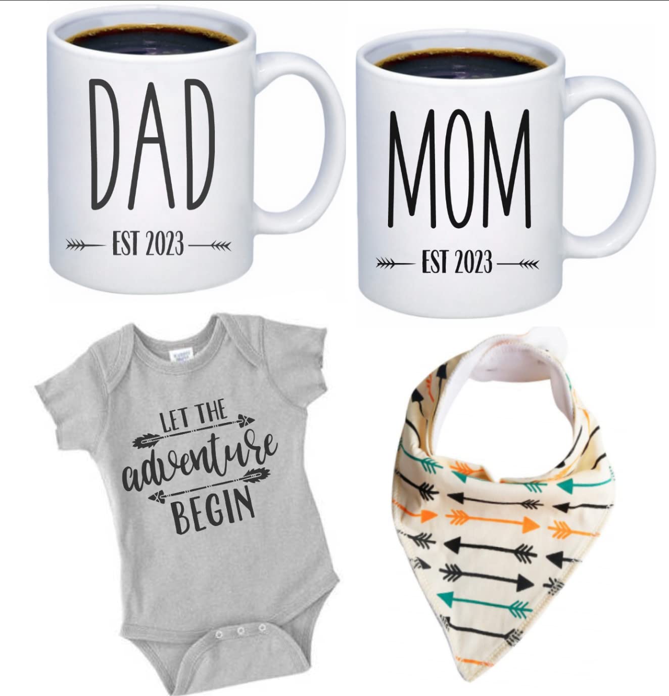 Pregnancy Gift Est 2023 - New Mom and Dad Est 2023 11 oz Mug Set with "Let The Adventure Begin" Romper (0-3 Months) - Top Mom and Dad Gift Set for New and Expecting Parents to Be - Baby Shower