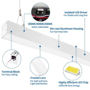 DAKASON 4FT Linkable LED Linear Light, 35W Down and15W Up Light, 3/4/5000K CCT Selectable, Commercial Linear Lighting Fixture for Office, Dimmable Suspended Lighting for School 1Pack White