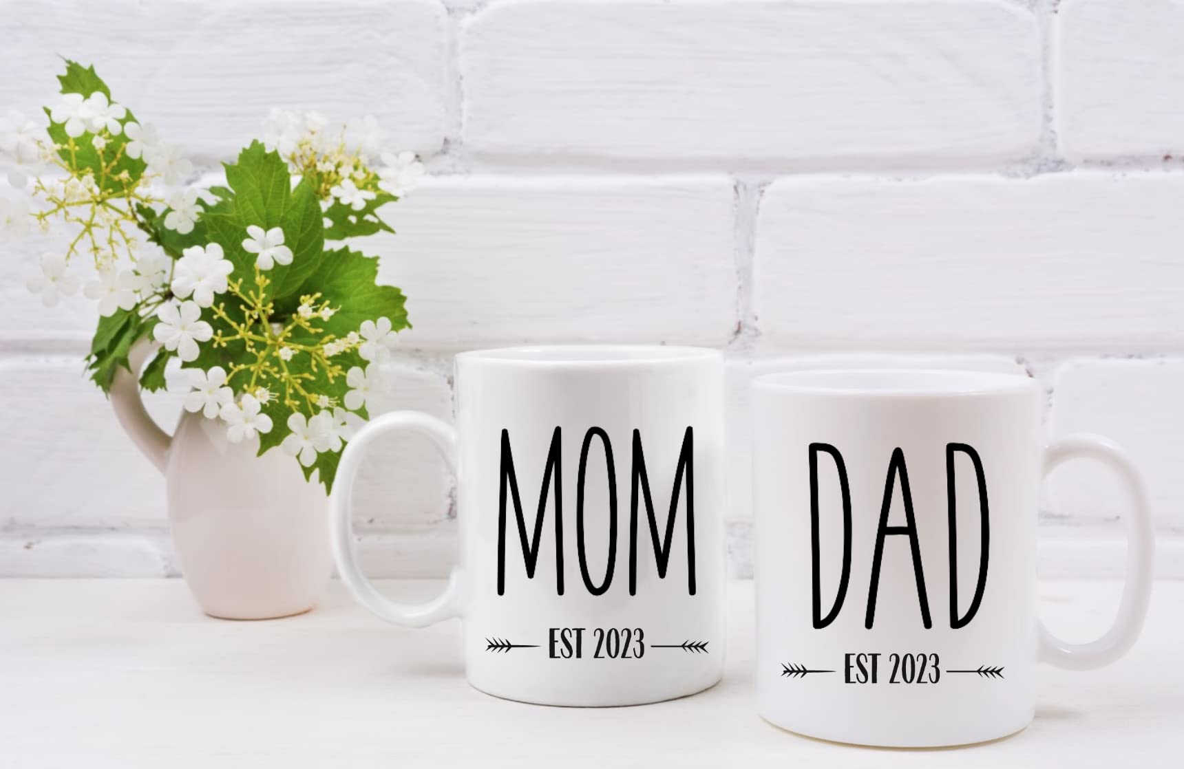 Pregnancy Gift Est 2023 - New Mom and Dad Est 2023 11 oz Mug Set with "Let The Adventure Begin" Romper (0-3 Months) - Top Mom and Dad Gift Set for New and Expecting Parents to Be - Baby Shower