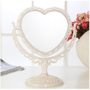 JDPEYI-Heart Shaped Mirror - Coquette Room Decor for Desk & Vanity -Double-Sided Rotatable Cute Magnifying Mirror with Stand (Beige)