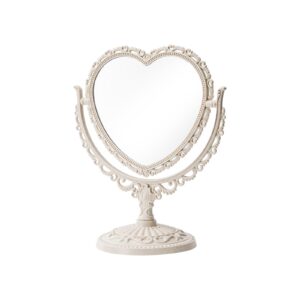 jdpeyi-heart shaped mirror - coquette room decor for desk & vanity -double-sided rotatable cute magnifying mirror with stand (beige)