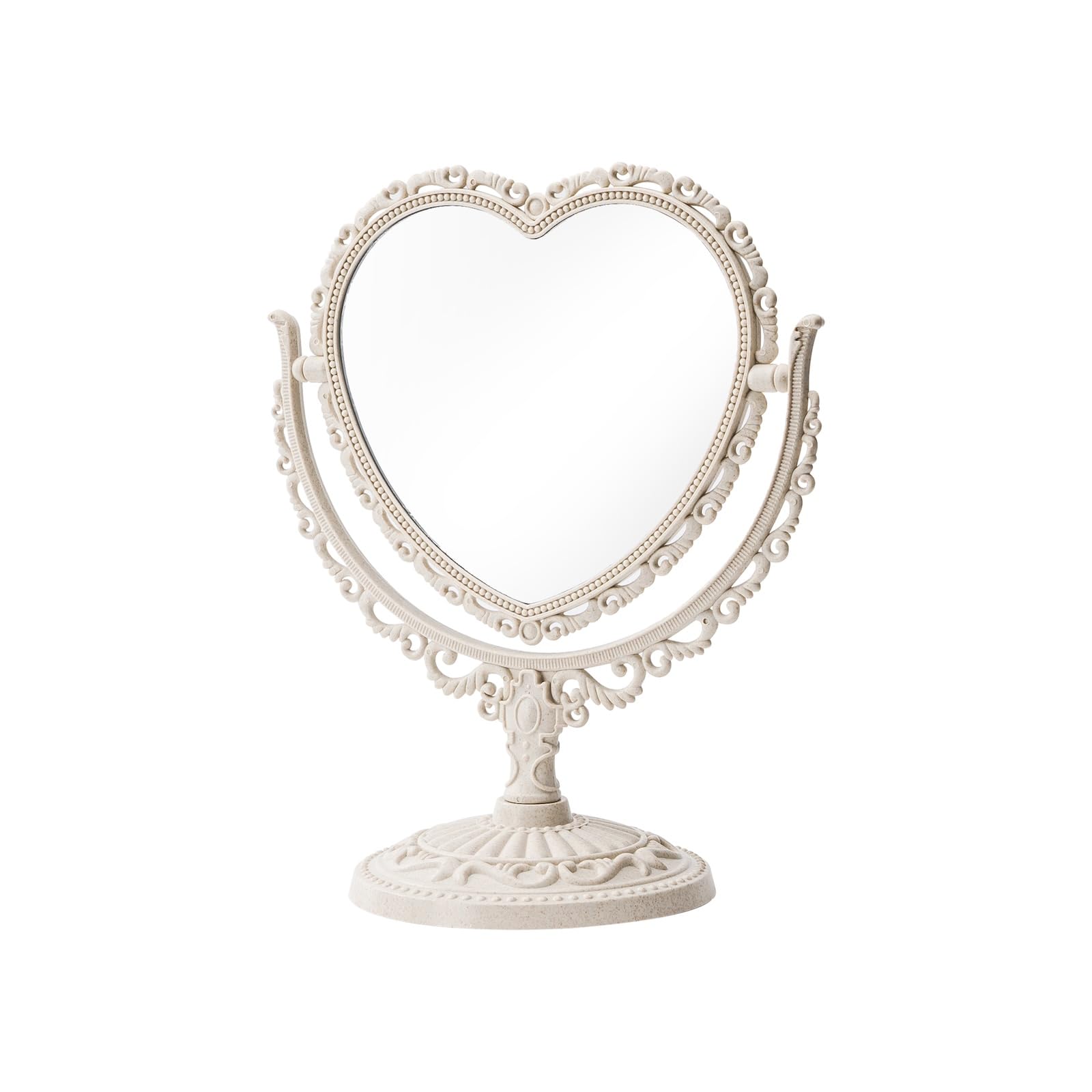 JDPEYI-Heart Shaped Mirror - Coquette Room Decor for Desk & Vanity -Double-Sided Rotatable Cute Magnifying Mirror with Stand (Beige)