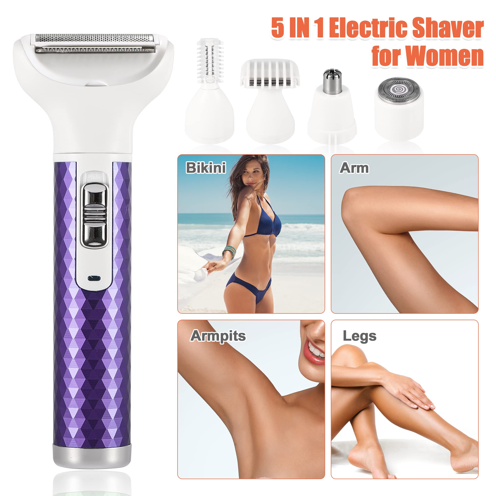 VOCOSTE Electric Razor for Women, 5 in 1 Electric Shaver for Women, Portable Rechargeable Hair Trimmer Wet and Dry Cordless Women Shaver Hair Remover for Face, Legs, and Bikini, Purple