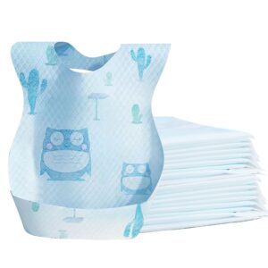 cosermart disposable bibs for baby, 50 pcs disposable travel bibs with crumb cather for kids self feeding-leak proof, soft, individual wrapped (owl)