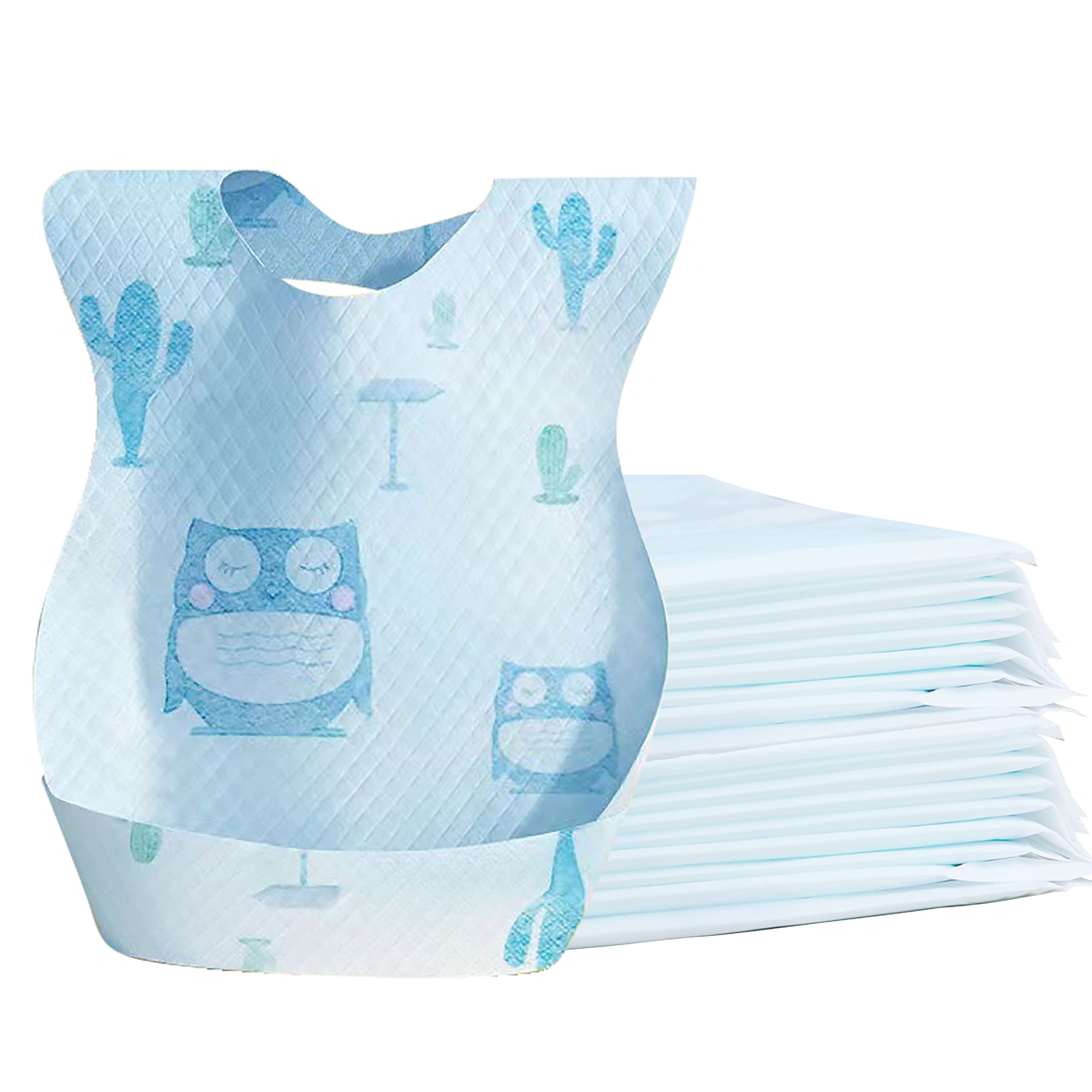 Cosermart Disposable Bibs for Baby, 50 pcs Disposable Travel Bibs with Crumb Cather for Kids Self Feeding-Leak Proof, Soft, Individual Wrapped (Owl)