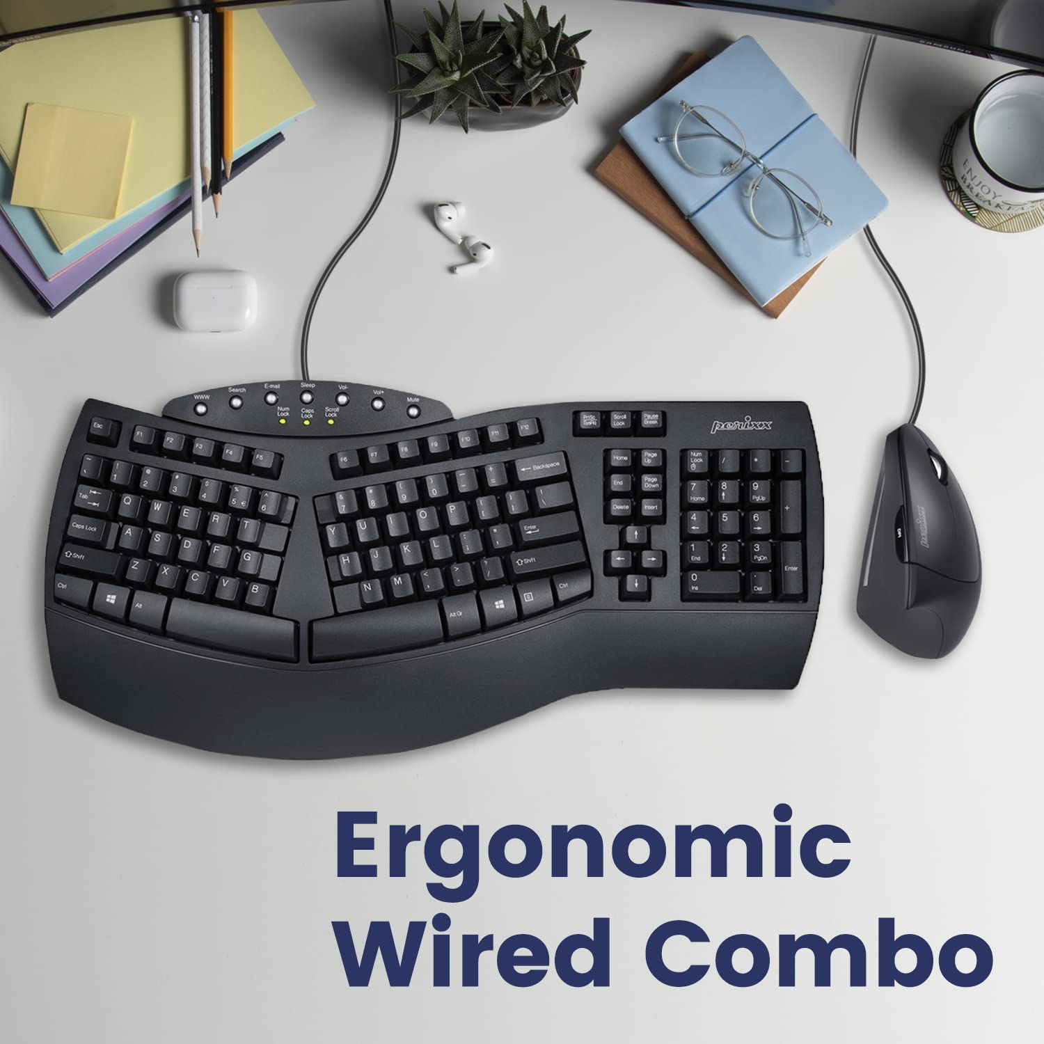 Perixx PERIDUO-512B US, Wired Ergonomic Keyboard and Vertical Mouse Combo - USB - Black - US English