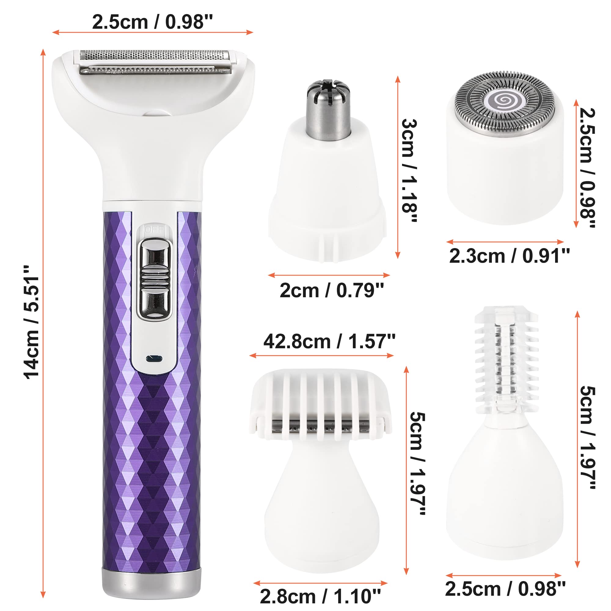 VOCOSTE Electric Razor for Women, 5 in 1 Electric Shaver for Women, Portable Rechargeable Hair Trimmer Wet and Dry Cordless Women Shaver Hair Remover for Face, Legs, and Bikini, Purple