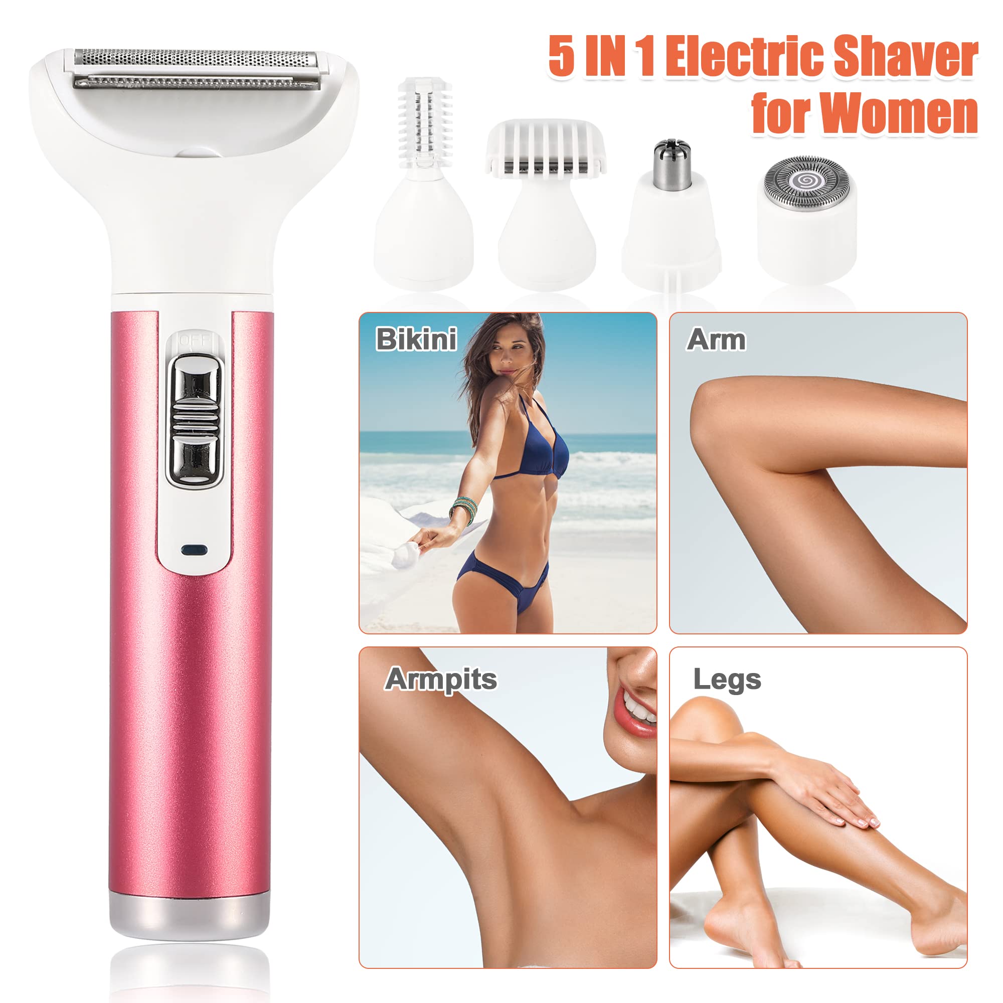 VOCOSTE Electric Razor for Women, 5 in 1 Electric Shaver for Women, Portable Rechargeable Hair Trimmer Wet and Dry Cordless Women Shaver Hair Remover for Face, Legs, Rose Red