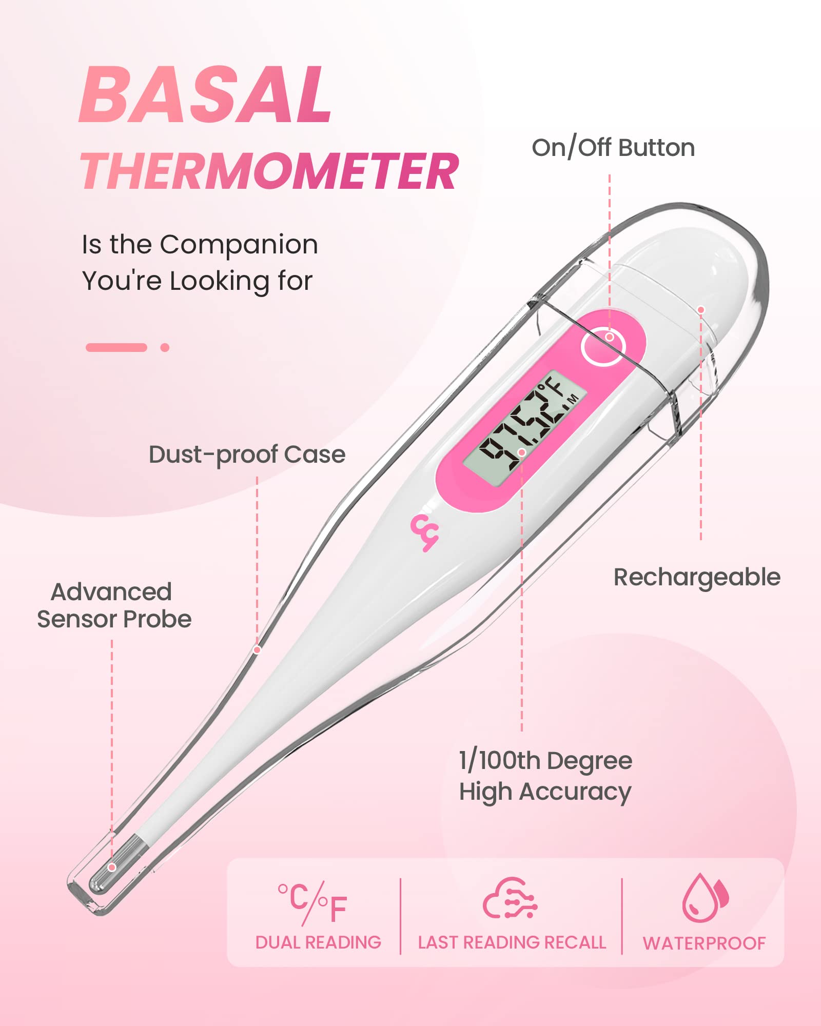 femometer Digital Basal Thermometer, Accurate Baby Thermometer for Fever, 1/100th Degree High-Precision Oral Thermometer for Pregnancy & Natural Family Plan Pink