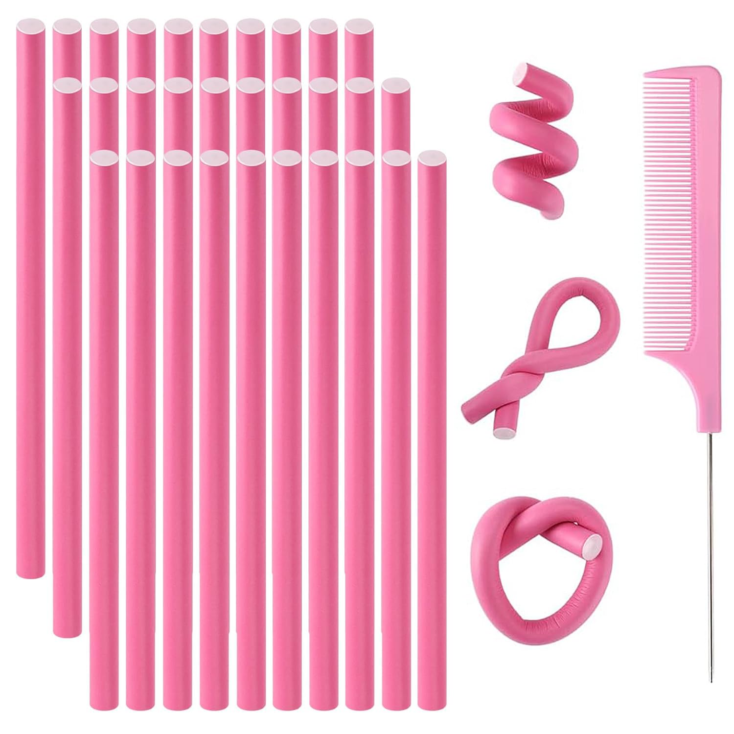 30 Pieces 9.45 Flexible SEPGLITTER Twist Foam Rollers, No Heat Curling Rods with Pintail Comb for Girls' Long or Short Hair (Pink)