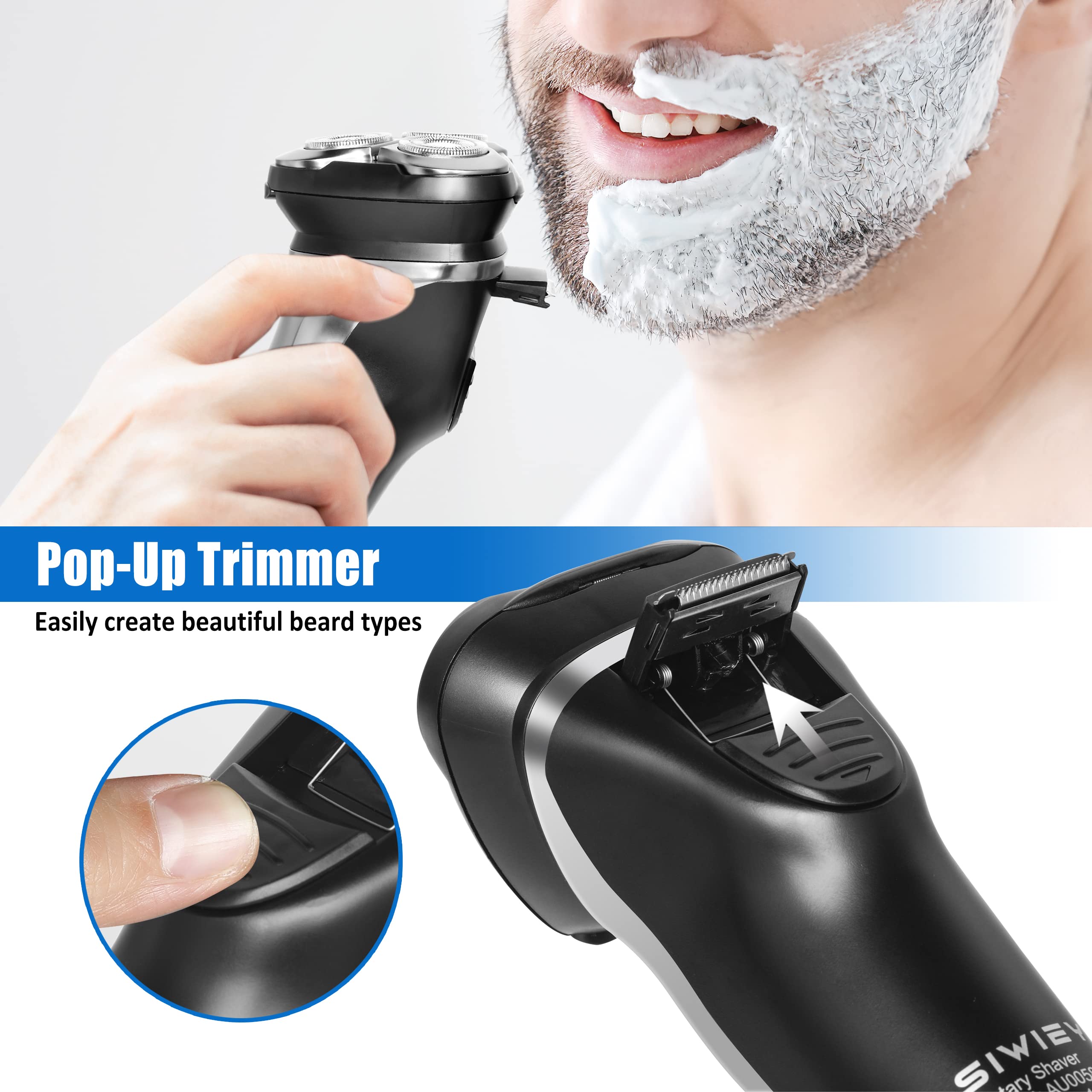 Electric Razor for Men, 4D Cordless Head Shaver, SIWIEY Rechargable Wet and Dry Mens Razors, Rotary Shaver with Pop-up Trimmer, IPX6 Waterproof, LED Display, 8000 RPM