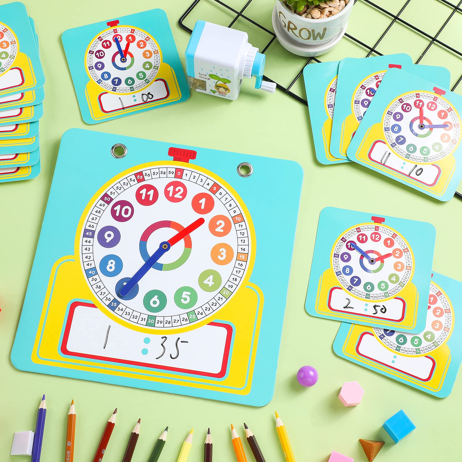 Junkin 25 Pcs Teaching Clock Kit, Clocks Practice Clocks for Kids Learning Time with Erasable Surface for Home School Classroom Supplies (Vivid Style)