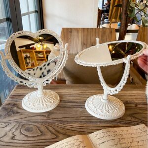 JDPEYI-Heart Shaped Mirror - Coquette Room Decor for Desk & Vanity -Double-Sided Rotatable Cute Magnifying Mirror with Stand (Beige)