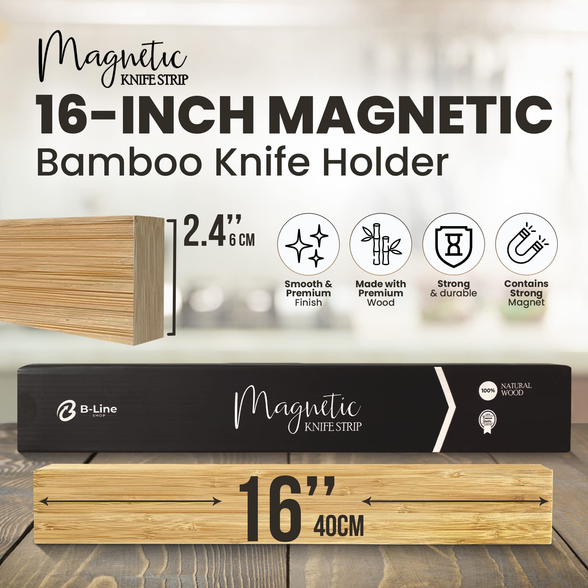 B-Line shop Magnetic Knife Holder for Wall- Strong Magnet for Knives- 16 Inch Wooden Knife Strip- Elegant Bamboo Wood Kitchen Knife Magnetic Holder- Easy to Install, Heavy Duty Magnet for 6 Knives