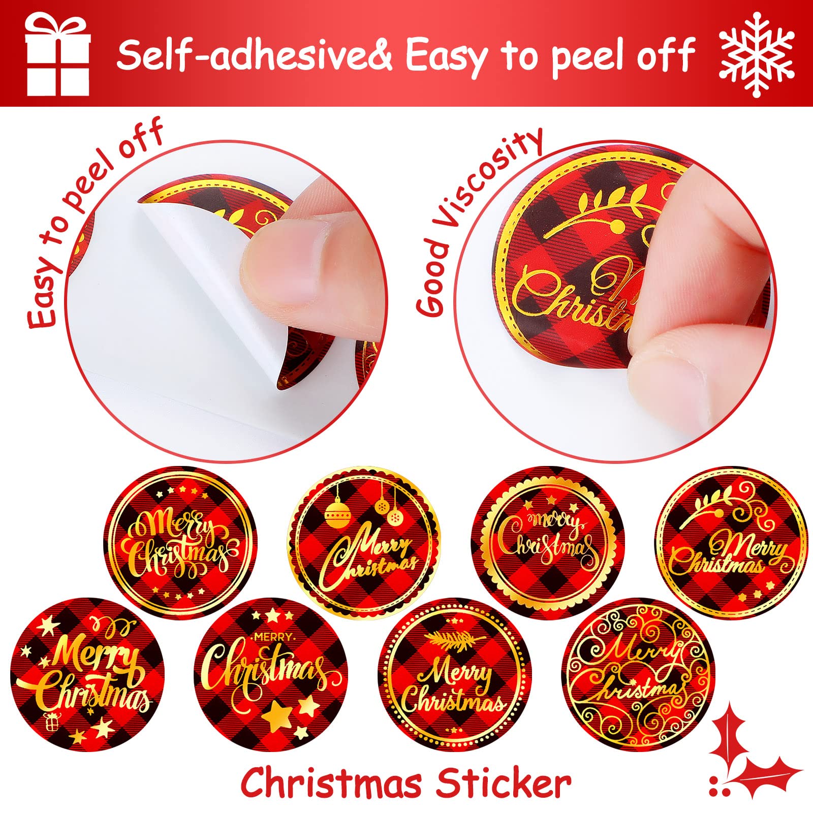 500 Pieces Christmas Envelope Stickers Christmas Stickers Envelope Seals Stickers Gold Foil Stamping on Red Buffalo Plaid Holiday Stickers Round Labels for Christmas Boxes Scrapbooking Decorations