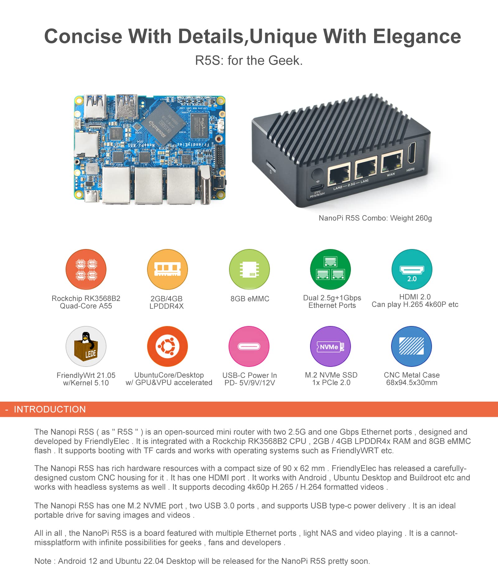 youyeetoo NanoPi R5S Mini Router Bareboard,4GB LPDDR4 32GB EMMC, RK3568 Development Board 0.8TOPS NPU Support Docker Three Ethernet Ports USB3.0 HDMI Support Android 12 Debain10 Ubuntu OpenWRT