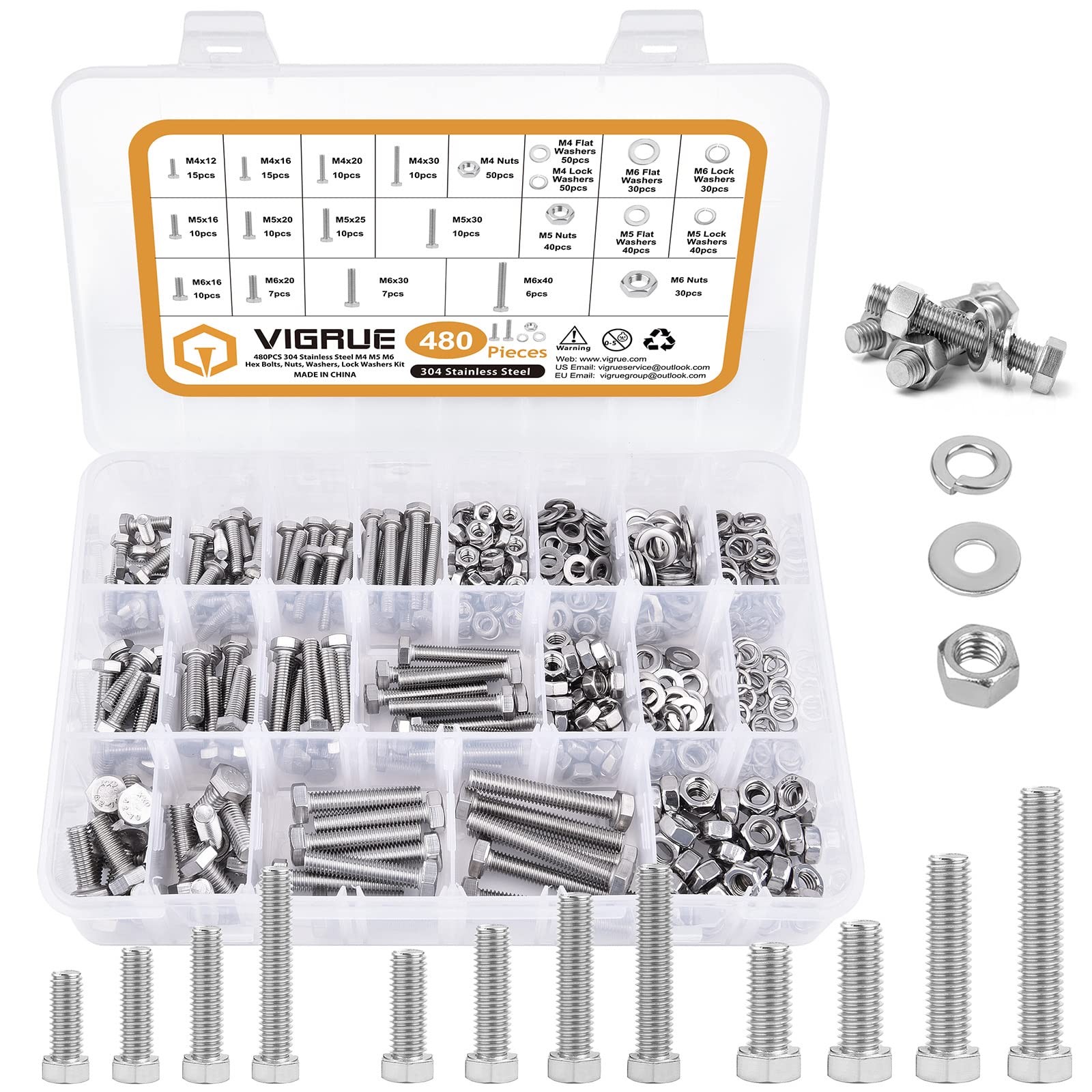 VIGRUE 480PCS M4 M5 M6 Bolts Nuts Assortment Kit, Heavy Duty 304 Stainless Steel, 13 Metric Common Sizes Included