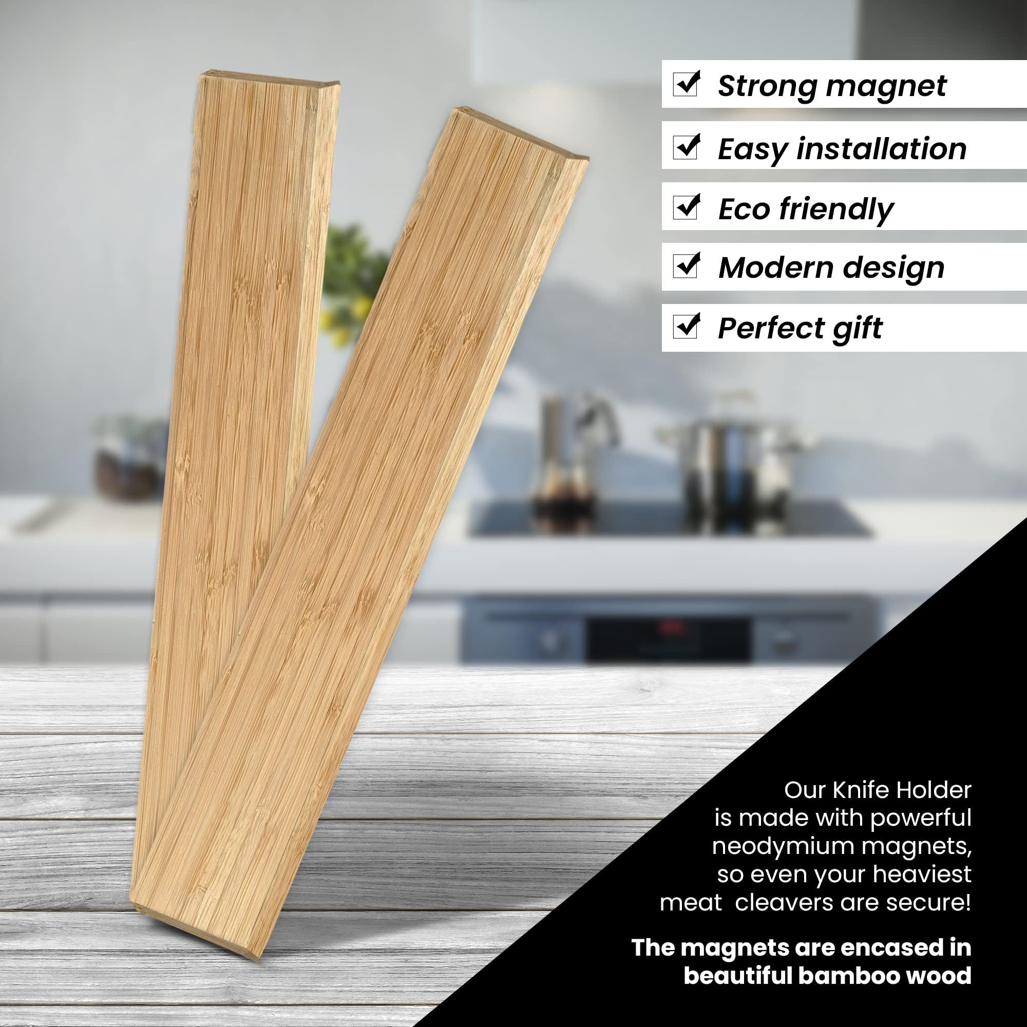 B-Line shop Magnetic Knife Holder for Wall- Strong Magnet for Knives- 16 Inch Wooden Knife Strip- Elegant Bamboo Wood Kitchen Knife Magnetic Holder- Easy to Install, Heavy Duty Magnet for 6 Knives