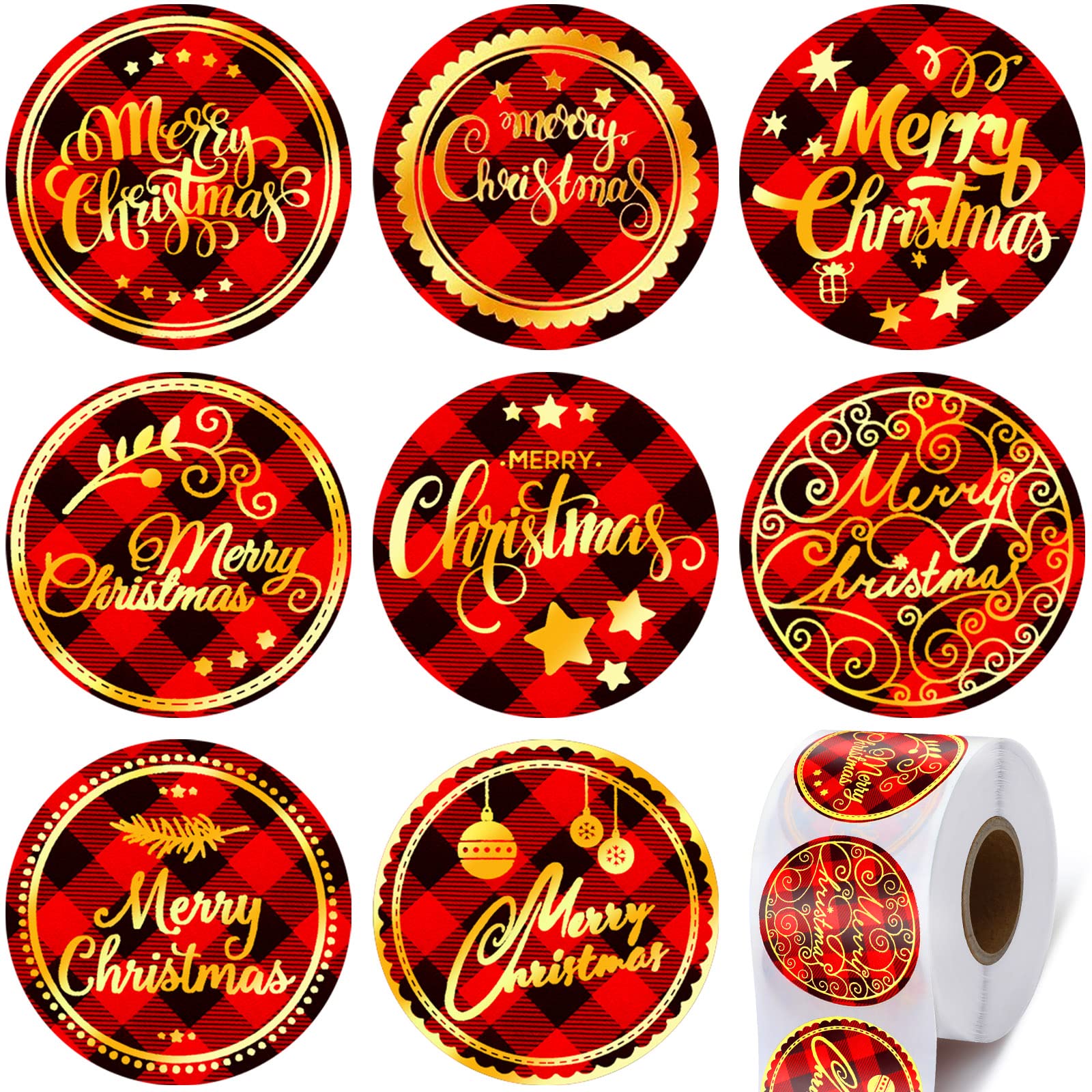 500 Pieces Christmas Envelope Stickers Christmas Stickers Envelope Seals Stickers Gold Foil Stamping on Red Buffalo Plaid Holiday Stickers Round Labels for Christmas Boxes Scrapbooking Decorations