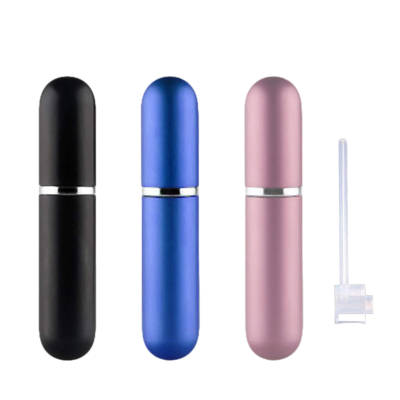 Perfume Travel Refillable,5ML Perfume Atomisers,3 Pcs Mini Portable Spray Bottles,Round Tube Perfume Bottles Set with 1 Flat Separated Tool,for Home Business Trip Travel(Black+Blue+Champagne)(4pcs)