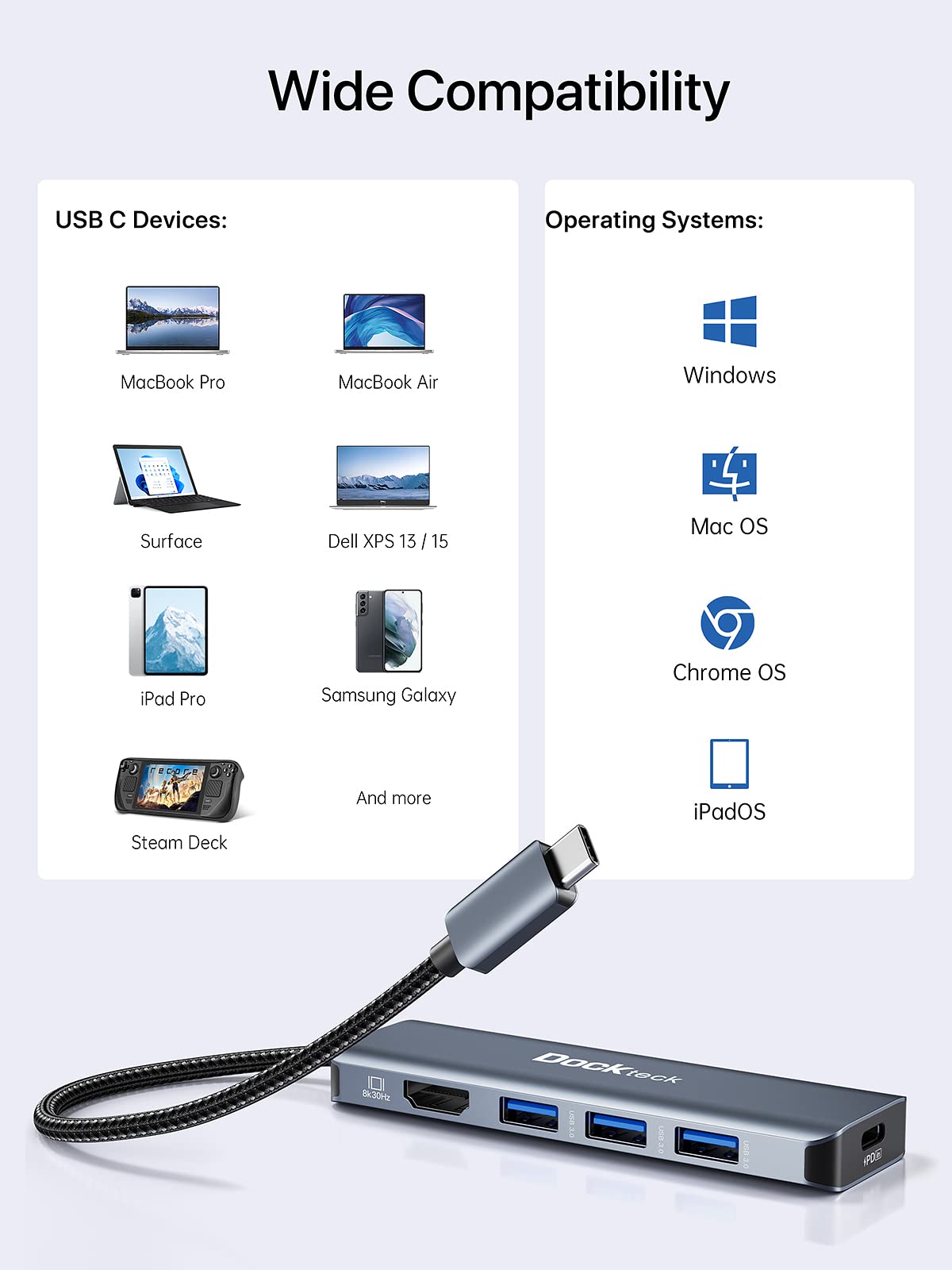 8K HDMI USB C HUB, 5-in-1 USB-C Multiport Adapter, Dockteck USB Dock Dongle with 8K 30Hz/4K 120Hz/4K 60Hz HDMI, 100W PD, 3 x USB 3.0 for Steam Deck, MacBook Pro/Air M1, iPad Pro/Air, Surface Pro 7/8/X