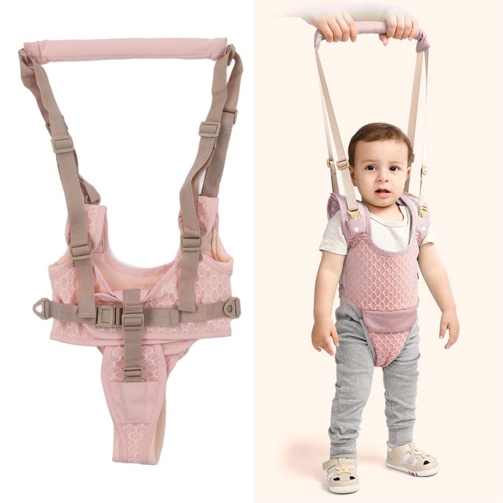 Baby Walking Harnesses, Lightweight Adjustable Detachable Crotch Pad Handheld Toddler Walk Assistant Belt Adjustable Standing Up and Walking Learning Helper for(Cherry Blossom Powder - Mesh Cloth)