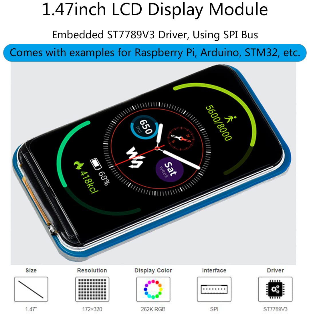 waveshare 1.47inch Round LCD Display Module for Arduin/Raspberry Pi/STM32, IPS Screen Monitor 172x320 Resolution,SPI Interface 262K RGB Colors, Clear and Colorful Displaying Effect