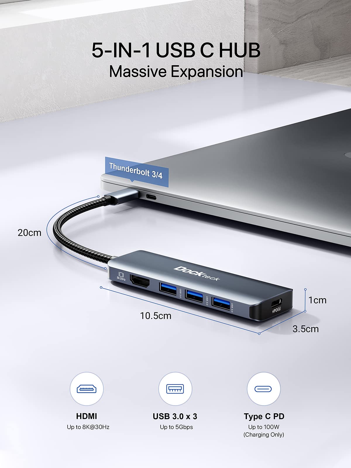 8K HDMI USB C HUB, 5-in-1 USB-C Multiport Adapter, Dockteck USB Dock Dongle with 8K 30Hz/4K 120Hz/4K 60Hz HDMI, 100W PD, 3 x USB 3.0 for Steam Deck, MacBook Pro/Air M1, iPad Pro/Air, Surface Pro 7/8/X