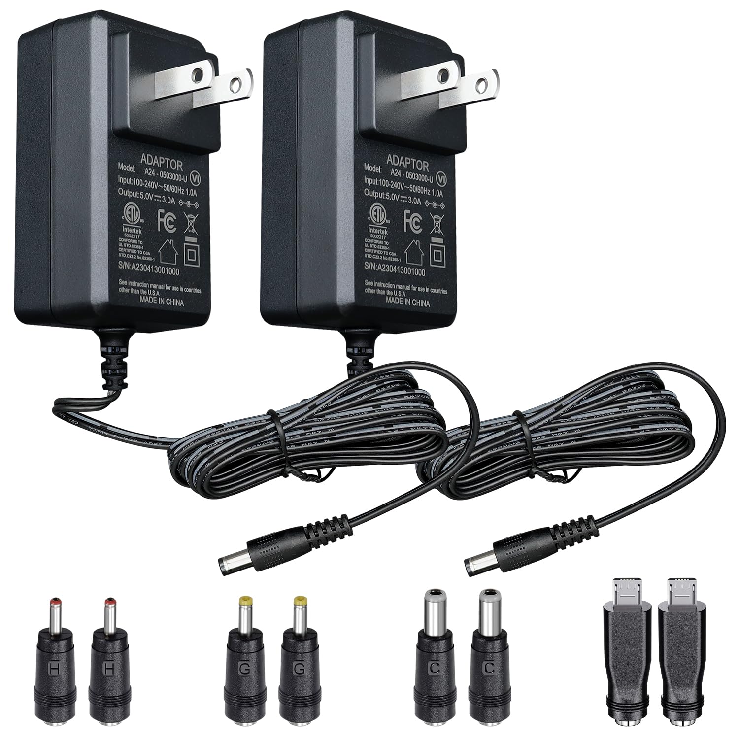 2Pack 5V 3A/3000mA DC Universal Power Supply Adapter, 100-240V 50/60Hz AC to DC 15W Wall Charger with 4 Tips for Router,CCTV Camera, Speaker,Power Bank, E-Reader,USB Fan and More 5V Devices, ETL FCC